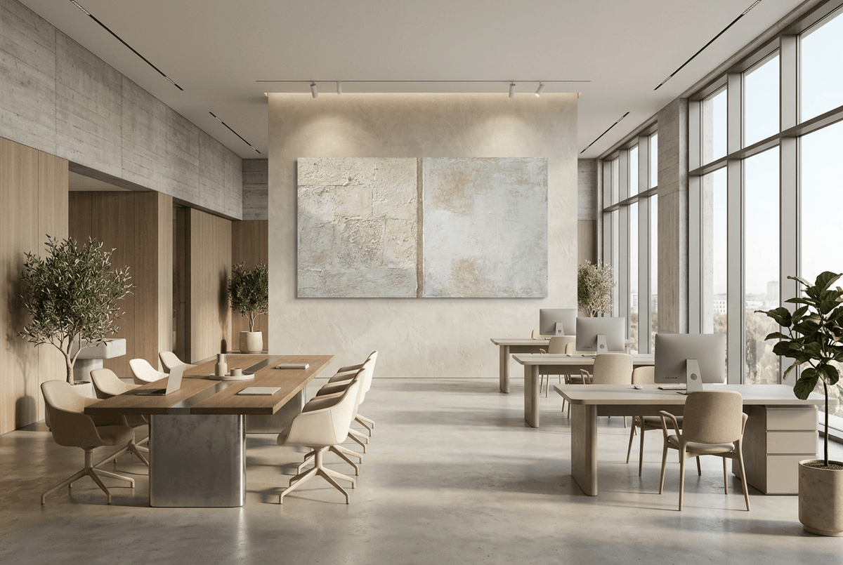 Masonry Interval abstract artwork with granular cream and limestone blocks, a narrow vertical stone seam, and a pale grey chalk field in an open-plan office
