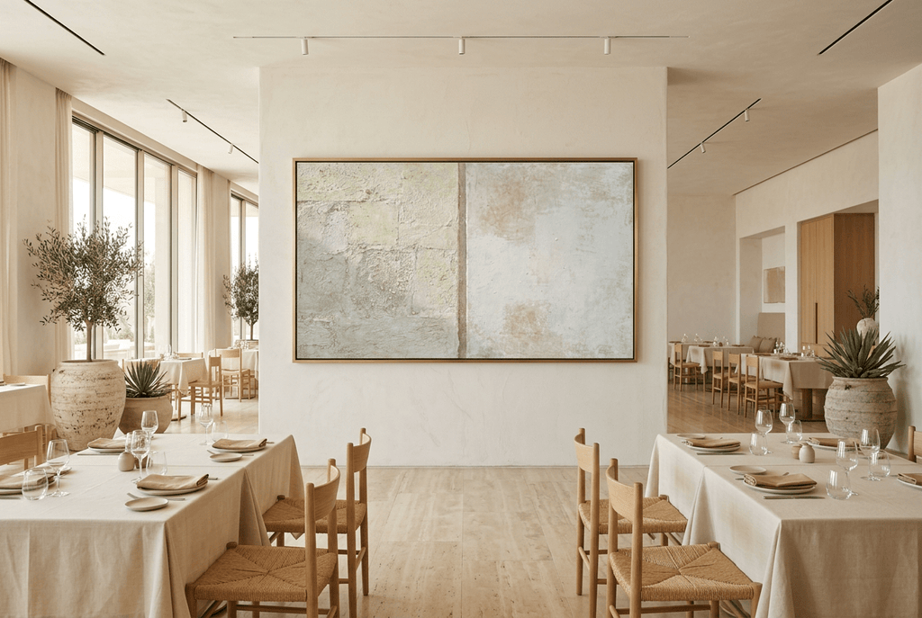 Masonry Interval abstract artwork with granular cream and limestone blocks, a narrow vertical stone seam, and a pale grey chalk field in a modern restaurant