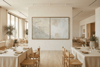 Masonry Interval abstract artwork with granular cream and limestone blocks, a narrow vertical stone seam, and a pale grey chalk field in a modern restaurant