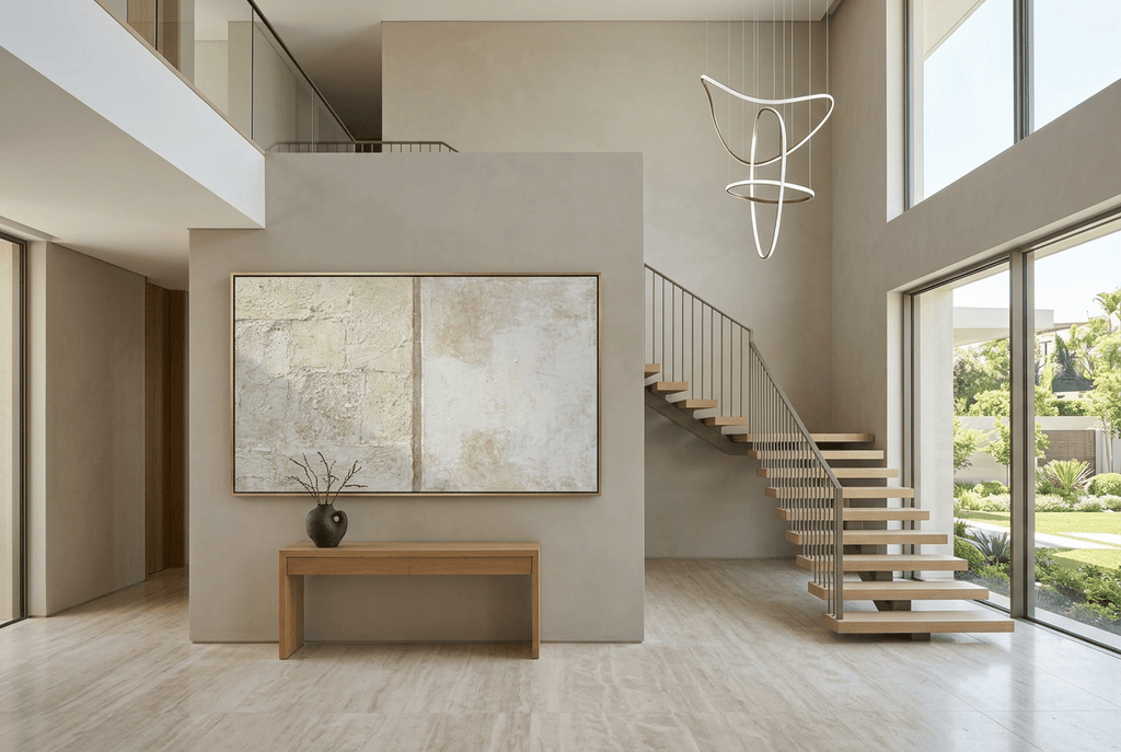Masonry Interval abstract artwork with granular cream and limestone blocks, a narrow vertical stone seam, and a pale grey chalk field in a two story foyer