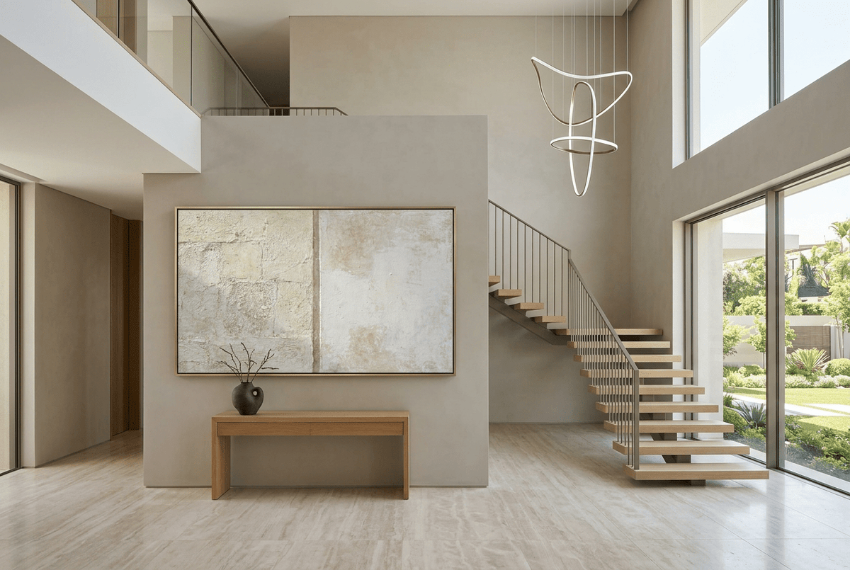 Masonry Interval abstract artwork with granular cream and limestone blocks, a narrow vertical stone seam, and a pale grey chalk field in a two story foyer