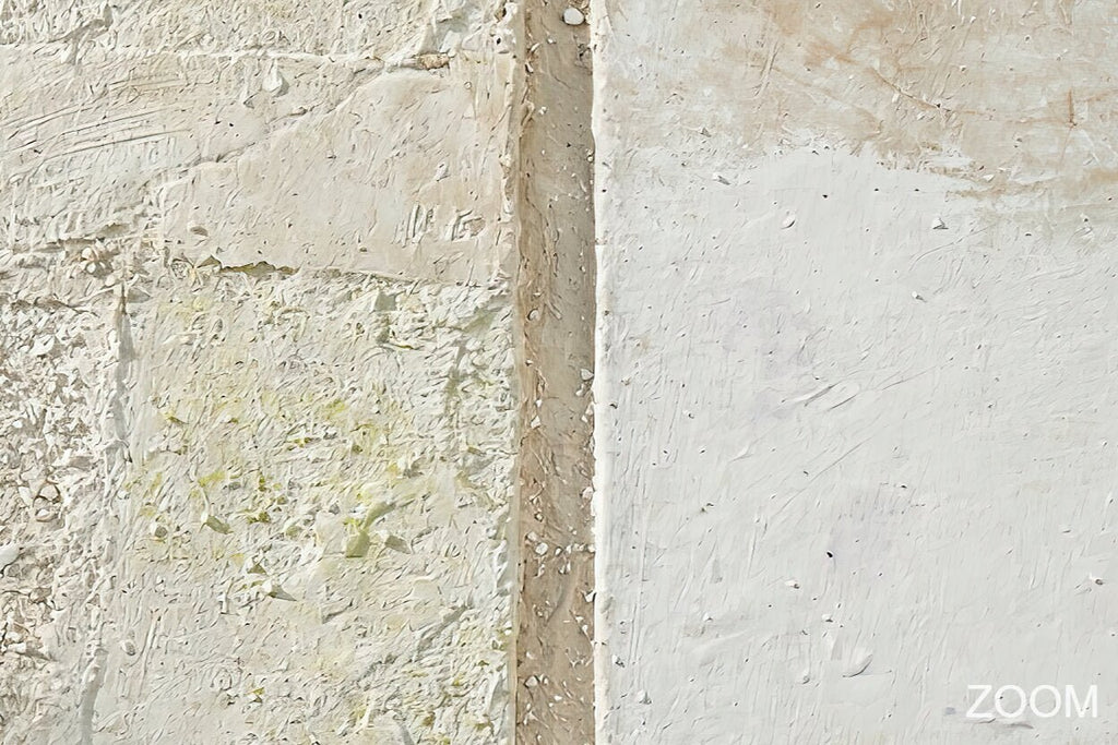 Zoom detail of Masonry Interval abstract artwork with granular cream and limestone blocks, a narrow vertical stone seam, and a pale grey chalk field