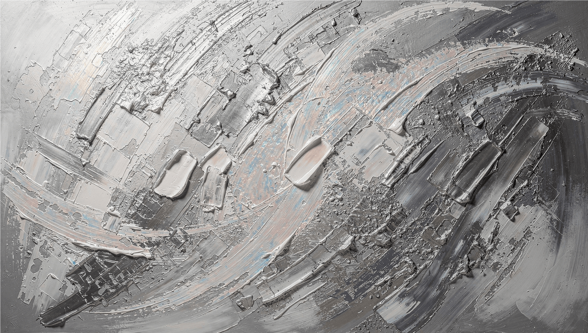 Mercury Rising gestural abstraction with silver, graphite, white and smoke-grey relief
