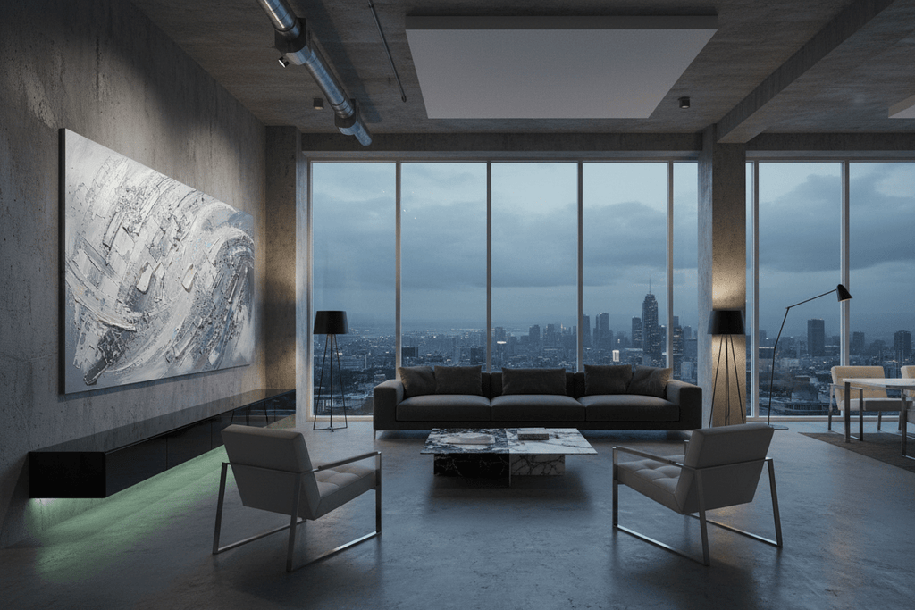 Mercury Rising silver and graphite artwork in a modern industrial loft