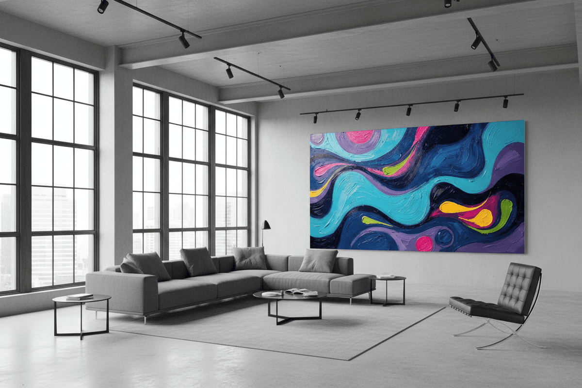 Midnight Pulse midnight and neon fluid artwork in a modern industrial loft
