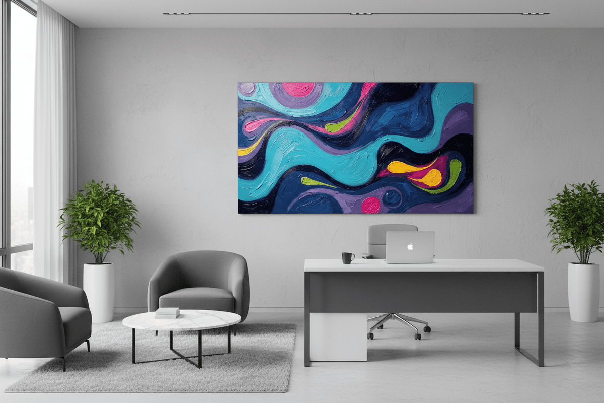 Midnight Pulse midnight and neon fluid artwork in a modern executive office