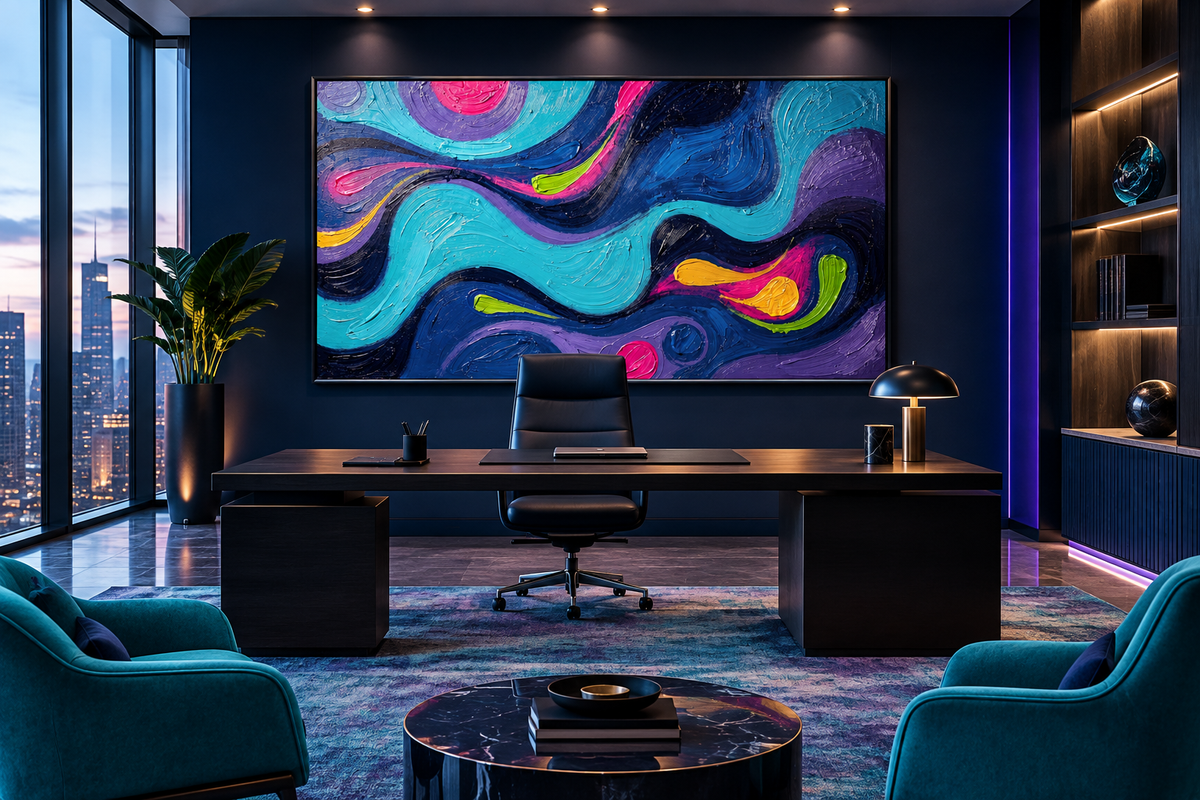 Midnight Pulse fluid abstract artwork with midnight blue, cyan, pink, lime and yellow accents in a executive office