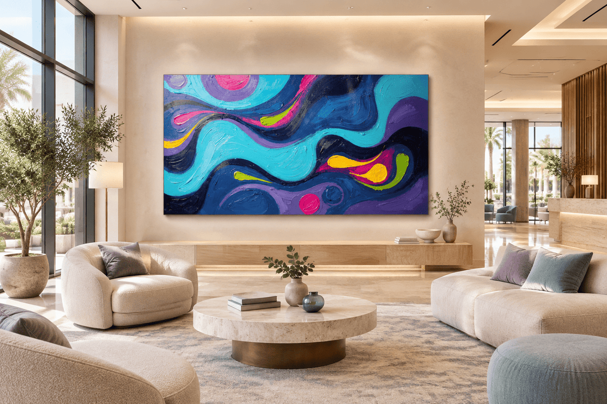 Midnight Pulse fluid abstract artwork with midnight blue, cyan, pink, lime and yellow accents in a hotel lobby