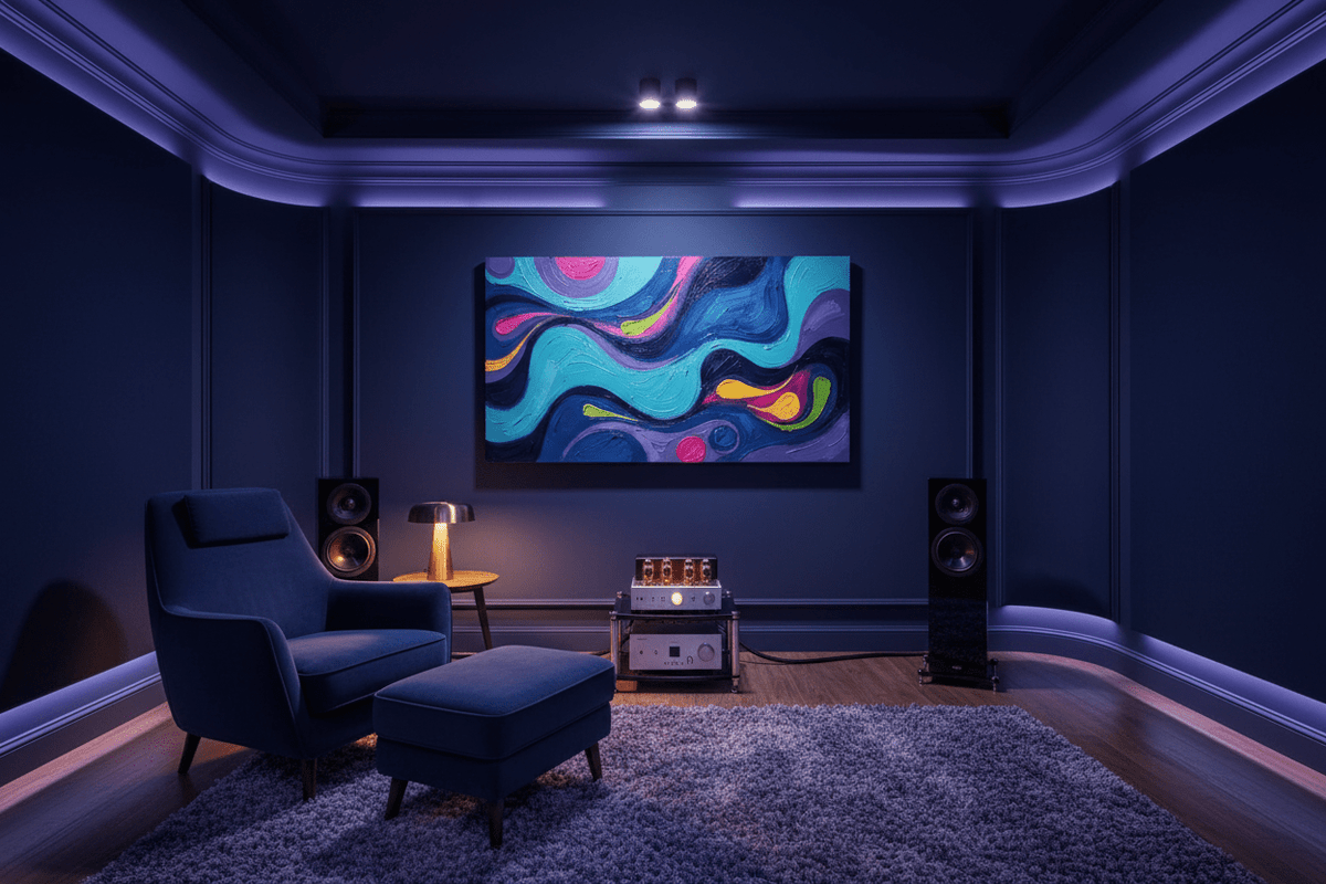Midnight Pulse midnight and neon fluid artwork in a high-end HiFi listening room