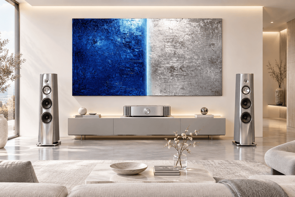 Midnight Steel ink-blue and silver industrial abstract artwork in a high-end hifi living room