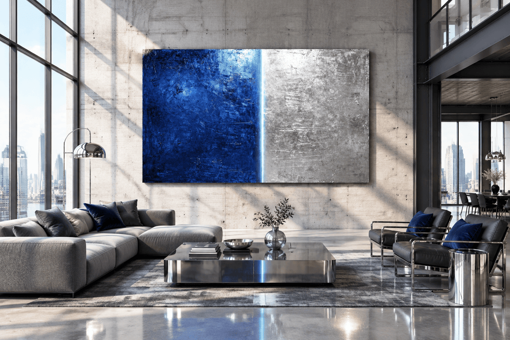 Midnight Steel ink-blue and silver industrial abstract artwork in a modern industrial loft
