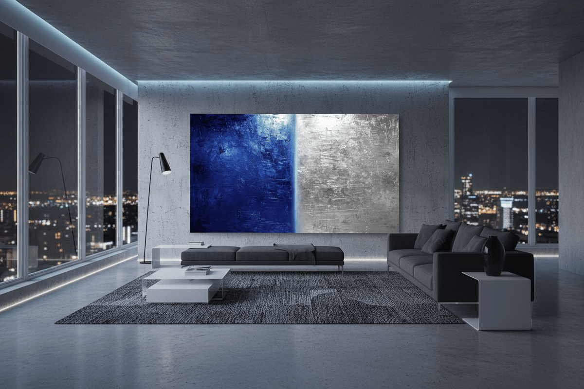 Midnight Steel blue and silver artwork in a dark industrial loft lounge