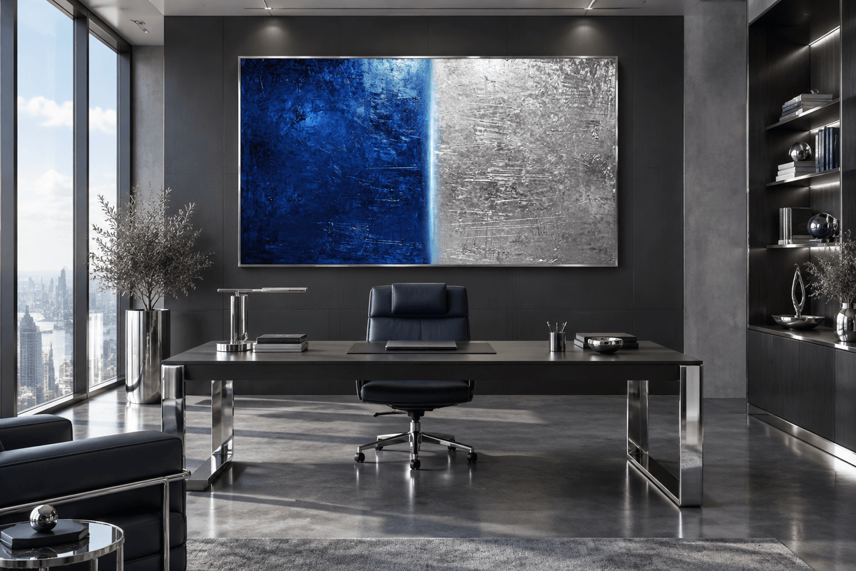 Midnight Steel ink-blue and silver industrial abstract artwork in an executive office