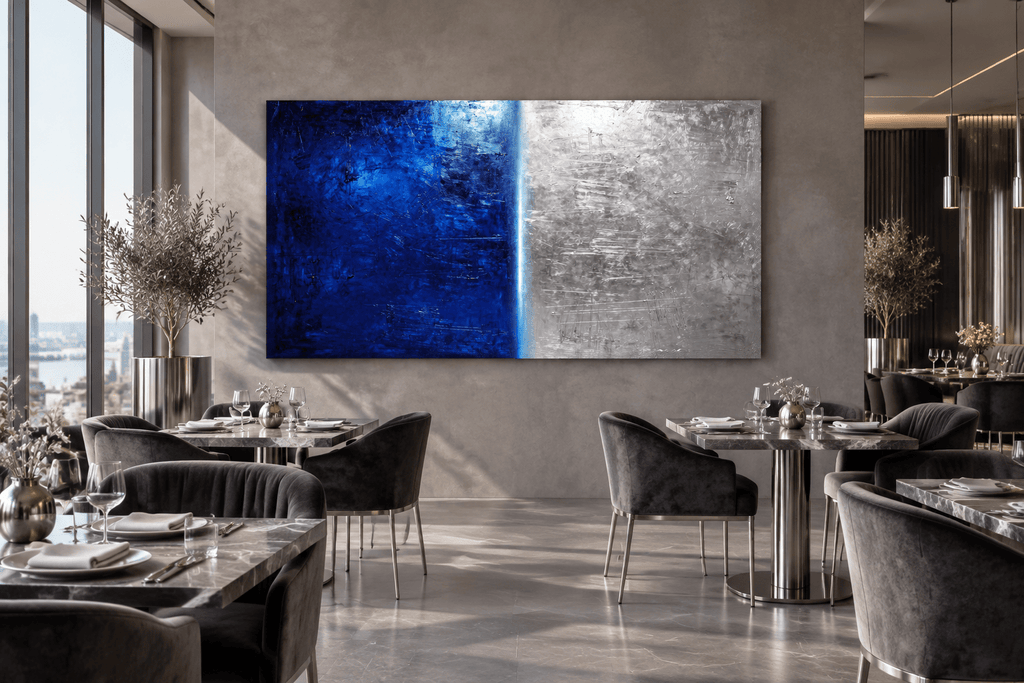 Midnight Steel ink-blue and silver industrial abstract artwork in modern restaurant