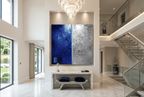 Midnight Steel ink-blue and silver industrial abstract artwork in a luxury two story foyer