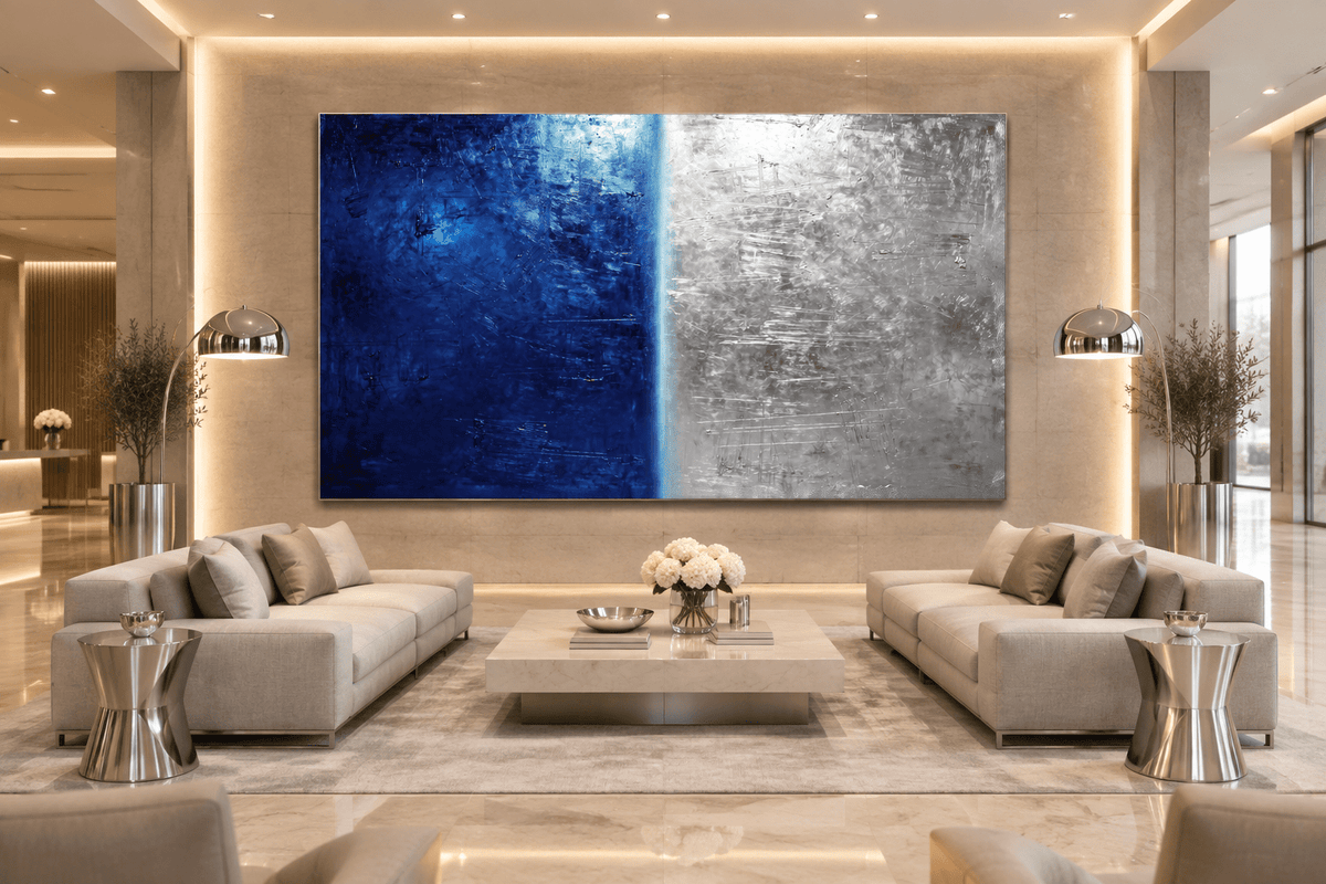 Midnight Steel ink-blue and silver industrial abstract artwork in a hotel lobby