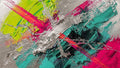 Neon Collision textural abstraction with acid green, magenta, teal and silver diagonal marks