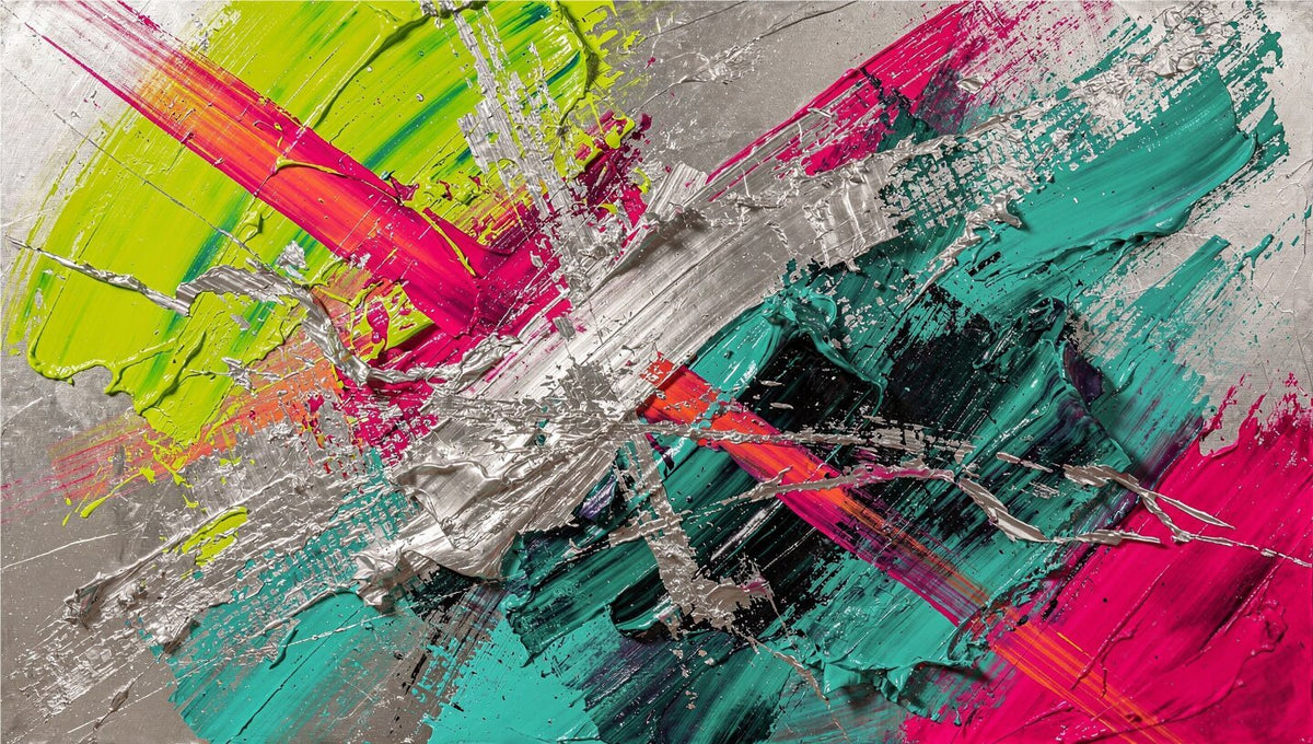 Neon Collision textural abstraction with acid green, magenta, teal and silver diagonal marks
