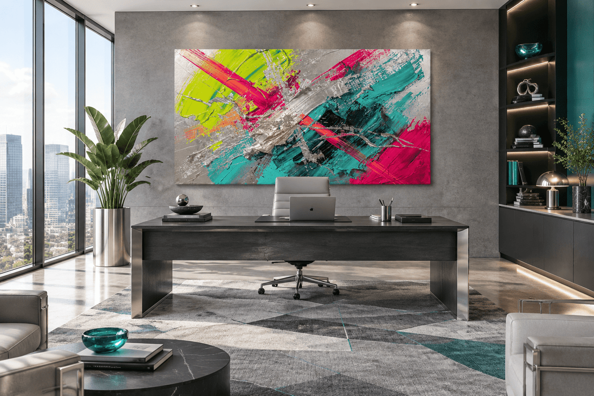 Neon Collision textural abstraction with acid green, magenta, teal and silver diagonal marks in an executive office