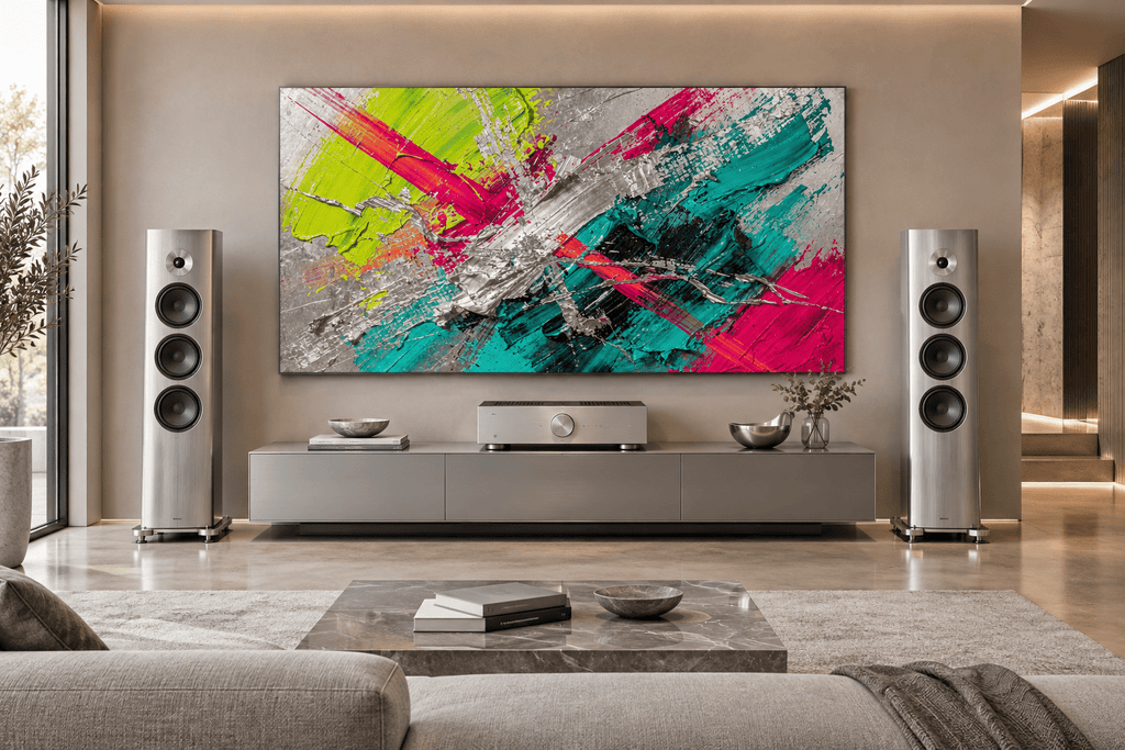 Neon Collision textural abstraction with acid green, magenta, teal and silver diagonal marks in a high-end hifi living room