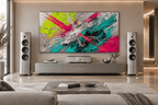 Neon Collision textural abstraction with acid green, magenta, teal and silver diagonal marks in a high-end hifi living room