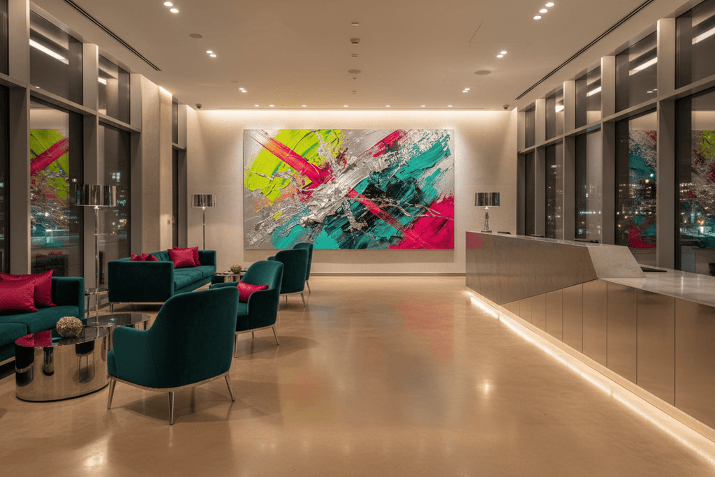 Neon Collision high-contrast abstract artwork in a luxury hotel lobby