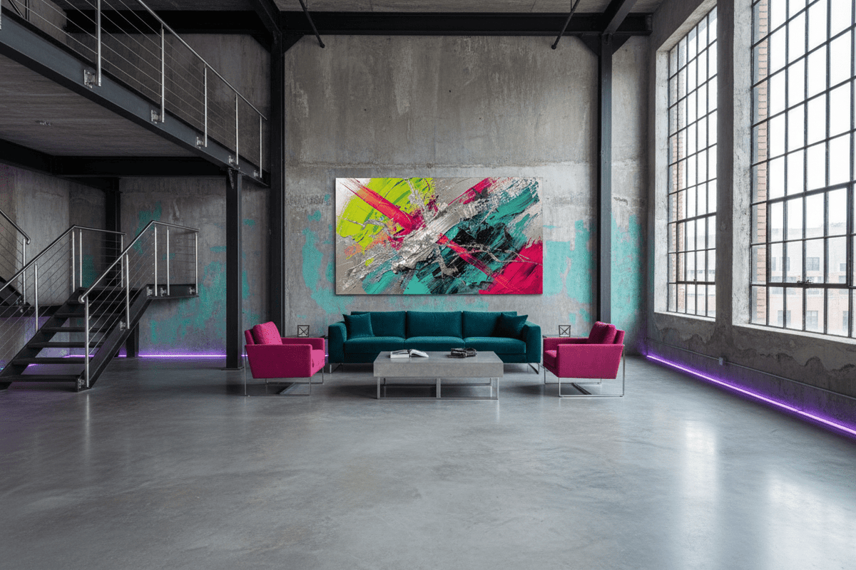 Neon Collision neon green, magenta and teal artwork in a modern industrial loft