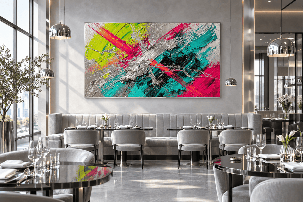 Neon Collision textural abstraction with acid green, magenta, teal and silver diagonal marks in a modern restaurant