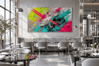 Neon Collision textural abstraction with acid green, magenta, teal and silver diagonal marks in a modern restaurant