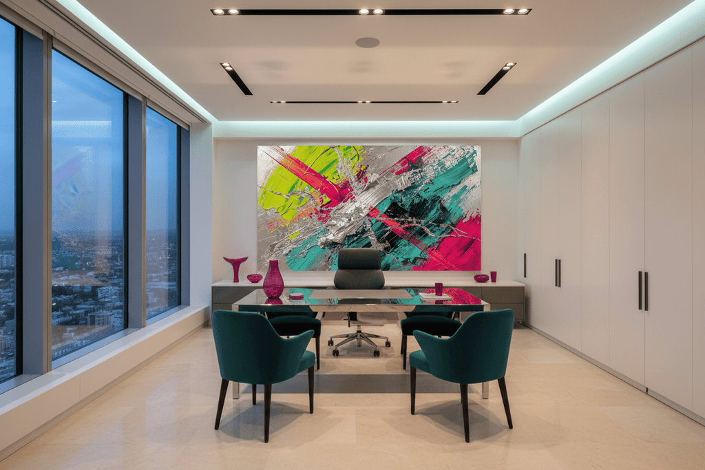Neon Collision teal and magenta textural abstraction in a modern executive office