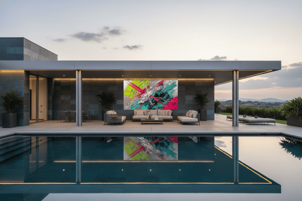 Neon Collision neon abstract artwork beside an outdoor pool lounge