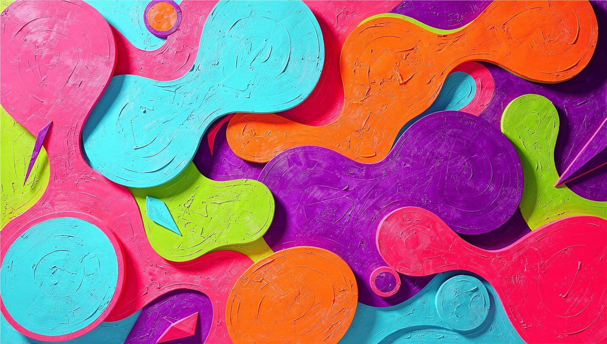 Neon Surge cellular abstract artwork with hot pink, cyan, orange, violet and acid-green forms