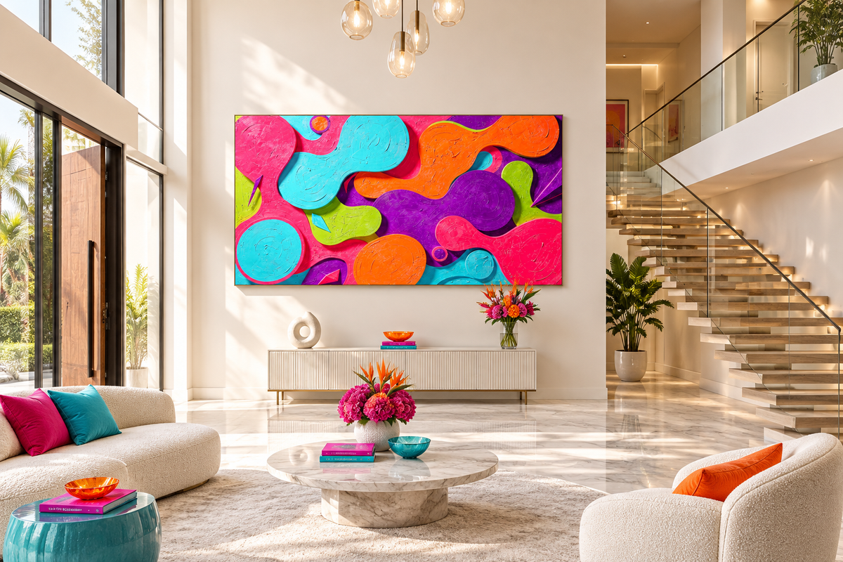Neon Surge cellular abstract artwork with hot pink, cyan, orange, violet and acid-green forms in a two story foyer