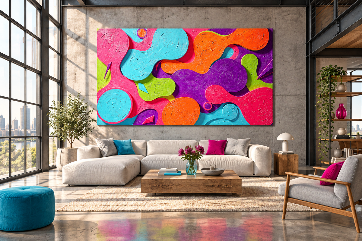Neon Surge cellular abstract artwork with hot pink, cyan, orange, violet and acid-green forms in a modern luxury industrial loft