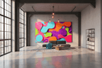 Neon Surge neon cellular abstract artwork in a modern industrial loft