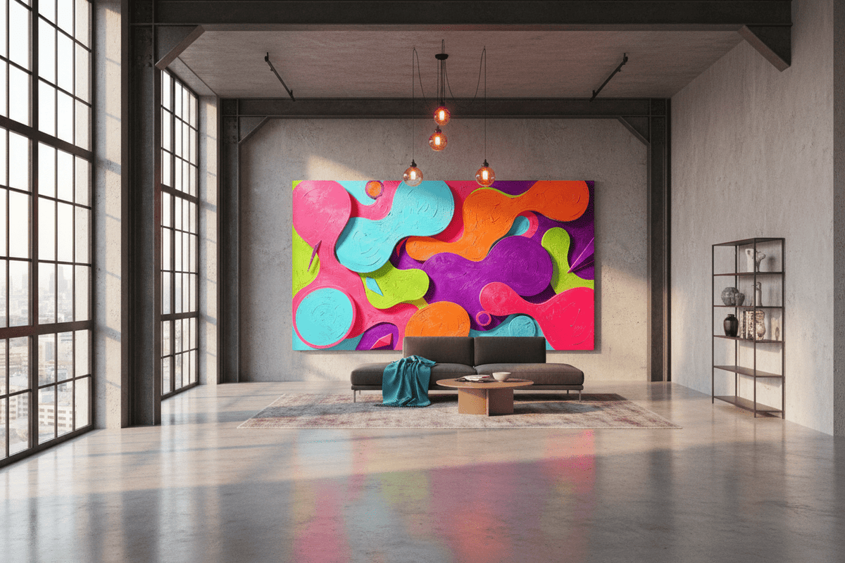 Neon Surge neon cellular abstract artwork in a modern industrial loft