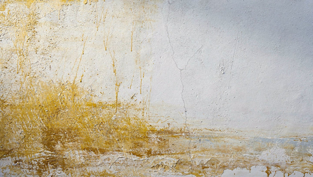 Ochre Fault abstract artwork with a chalk-white plaster field, weathered ochre and sand residue along the lower left, pale stone-grey passages, drips and a fine central fissure