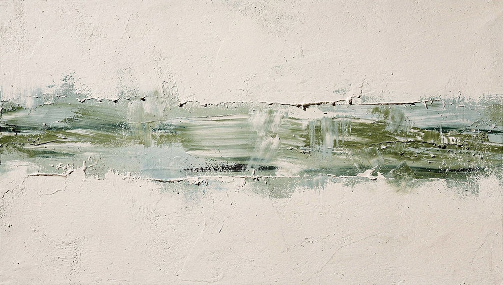 Olive Seam abstract artwork with a weathered olive and sage horizontal seam, granular dark flecks, and a broad chalk-white plaster-like field