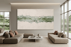 Olive Seam abstract artwork with a weathered olive and sage horizontal seam, granular dark flecks, and a broad chalk-white plaster-like field in a modern hotel lobby