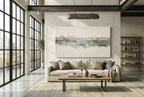 Olive Seam abstract artwork with a weathered olive and sage horizontal seam, granular dark flecks, and a broad chalk-white plaster-like field in an industrial loft