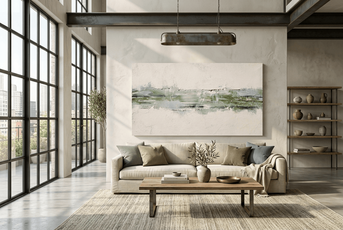 Olive Seam abstract artwork with a weathered olive and sage horizontal seam, granular dark flecks, and a broad chalk-white plaster-like field in an industrial loft