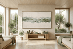 Olive Seam abstract artwork with a weathered olive and sage horizontal seam, granular dark flecks, and a broad chalk-white plaster-like field in a wellness spa