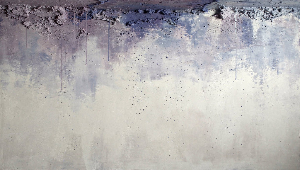 Overburden abstract artwork with a dark slate-violet plaster-like accumulation and fine drips above a chalk-white field with pale blue-grey veils