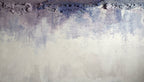 Overburden abstract artwork with a dark slate-violet plaster-like accumulation and fine drips above a chalk-white field with pale blue-grey veils