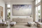 Overburden abstract artwork with a dark slate-violet plaster-like accumulation and fine drips above a chalk-white field with pale blue-grey veils in a private clinic with reception and waiting area