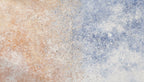 Pale Confluence panoramic abstract artwork with soft peach and shell-pink plaster-like texture at left dissolving into a powder-blue, dove-grey and chalk-white field