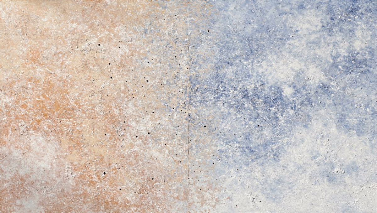 Pale Confluence panoramic abstract artwork with soft peach and shell-pink plaster-like texture at left dissolving into a powder-blue, dove-grey and chalk-white field