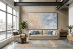 Pale Confluence panoramic abstract artwork with soft peach and shell-pink plaster-like texture at left dissolving into a powder-blue, dove-grey and chalk-white field in an industrial loft