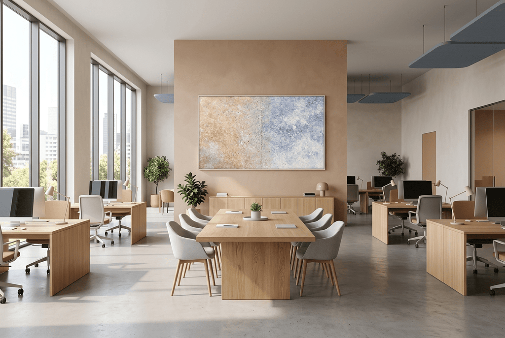 Pale Confluence panoramic abstract artwork with soft peach and shell-pink plaster-like texture at left dissolving into a powder-blue, dove-grey and chalk-white field in an open-plan office