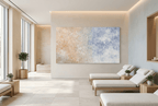 Pale Confluence panoramic abstract artwork with soft peach and shell-pink plaster-like texture at left dissolving into a powder-blue, dove-grey and chalk-white field in a wellness spa